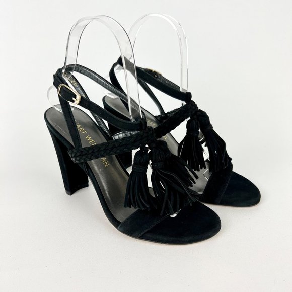Stuart Weitzman Womens Braided Black Suede Strappy Sandal Heels Tassel size 6 - Picture 1 of 15